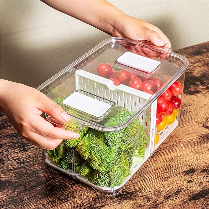 Slideep 9'' Food Storage Containers, Stackable Fridge Produce Saver with Lids, Removable Drain Tray Drawers Refrigerator Produce Keeper with Strainer for Veggie, Berry, Fruits, Vegetables -2 Packs