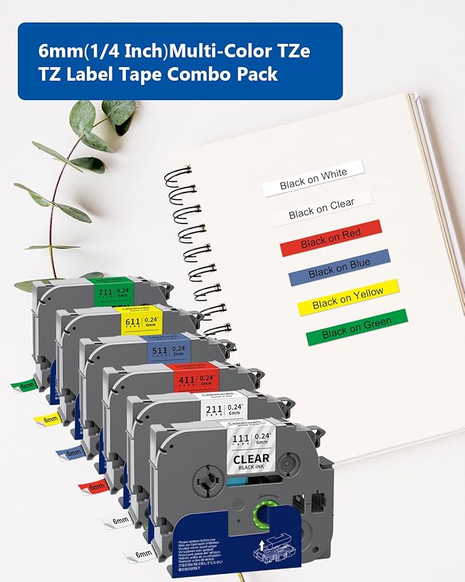 Labelwell 6-Pack TZe TZ Tape 6mm 0.23 Inch Laminated Multi Color Compatible for Brother P Touch Label Tape TZe-211 111 411 511 611 for PTouch PT-H110 D210 D220 D400, Clear/White/Red/Blue/Yellow/Green