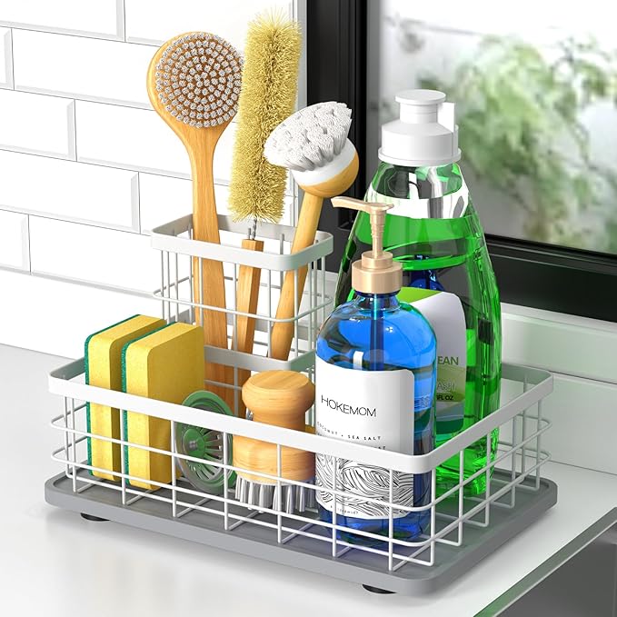 Large Family-Sized Sponge Holder for Kitchen Sink, Sink Caddy Organizer with Brush Holder - Drain-Free Non-Slip Base, Stainless Steel with Rust-Resistant Coating-10.24" L x 6.5" W x 5.83" H