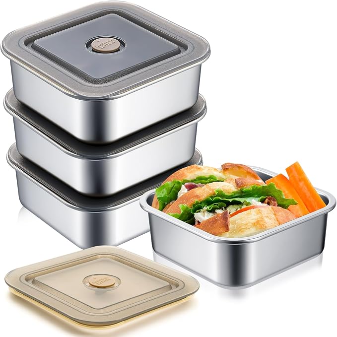 4 Pack 43oz Large Stainless Steel Sandwich Containers with Lids, Leak-proof Reusable Lunch Boxes, Meal Prep Bento Box, Food Storage Containers for Snacks & Fruits, Dishwasher Safe, 1300 ml