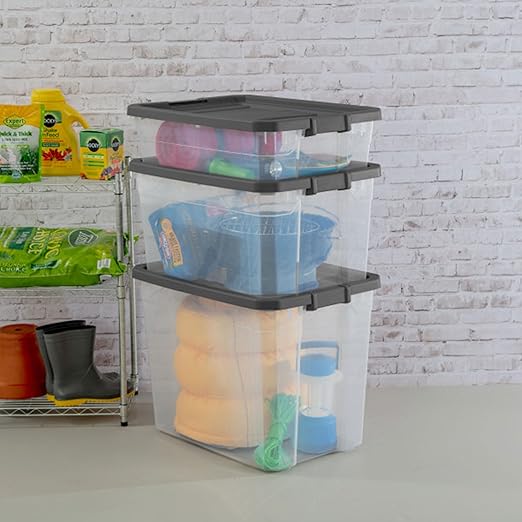 Sterilite 18-Pack Modular Stacker Box, Durable Clear Plastic Storage Bins with Latching Lids, 40 Quart - Stackable Organizing Container Boxes for Closet, Bathroom, and Office