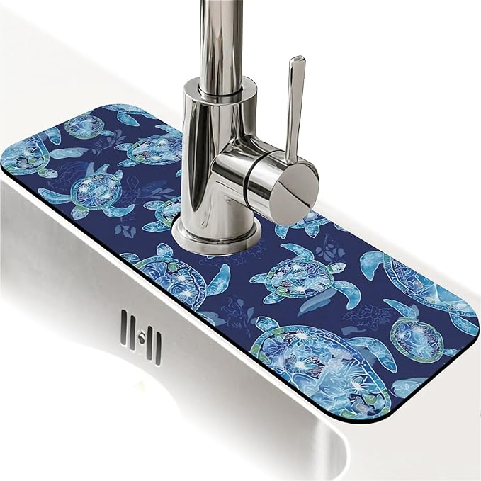 Kitchen Sink Splash Guard，Graceful sea turtle Faucet Mat Sink Gadgets-Super Absorbent Fast Drying Mat Drip Catcher for Kitchen, Bathroom,Sink Mat, Dish Drying Mat, Bathroom(15" X 5.5" )