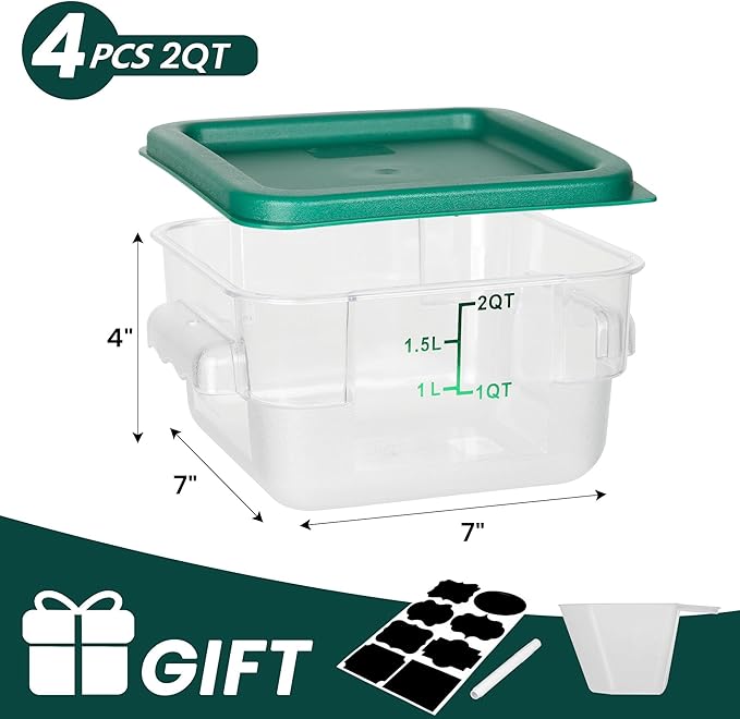 BIEAMA 4 Pack Food Storage Containers, 2 Quart with Lids, Square Commercial Containers with Scale, NSF, Polycarbonate, Clear