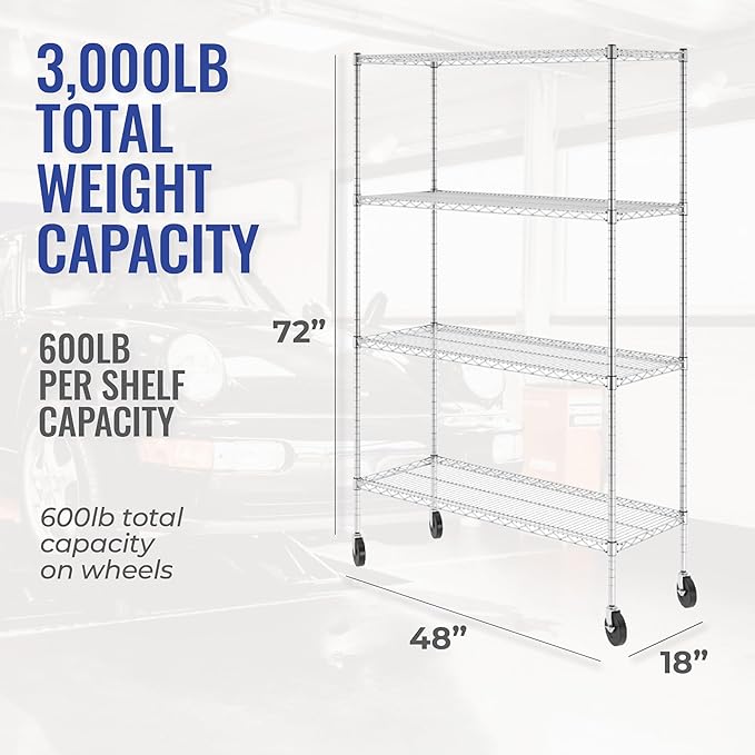 SafeRacks - NSF Certified Storage Shelves, Zinc, Heavy Duty Steel Wire Unit with Wheels and Adjustable Feet, Garage or Bakers Rack, Kitchen, Pantry Shelf - (18"x48"x72" 4-Tier) (Silver)