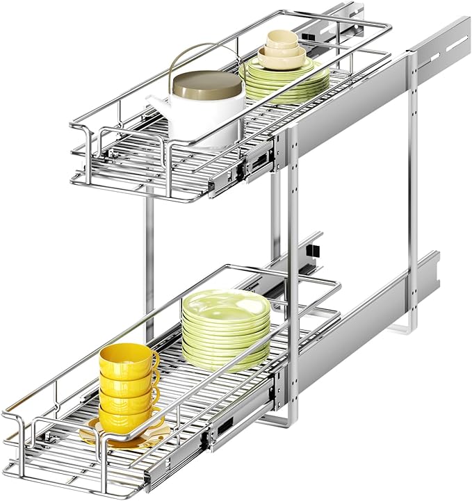 MODCART 2 Tier Individual Pull Out Cabinet Organizer 9" W x 21½" D, Heavy Duty Cabinet Pull Out Shelves, Slide Out Drawers Organization for Kitchen Cabinets Bathroom