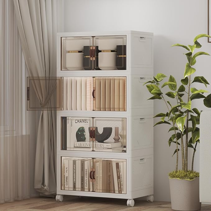 Extra Large Stackable Storage Bins with Lids & Wheels, 220QT-55QT/14GAL*4Pack Foldable Collapsible Closet Organizers Storage Cabinet with Doors for Bedroom Dorm