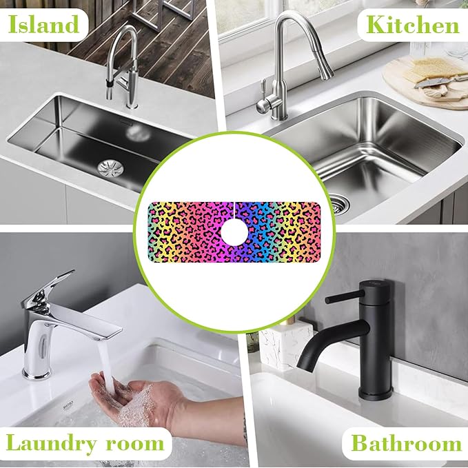 Sink Faucet Absorbing Mat Rainbow Colored Leopard Print Sink Splash Guard Drying Mat for Kitchen Bathroom Faucet Sinkmat 15.5"X5.5"