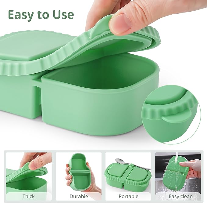 3 Pack Silicone Reusable Snack Containers with Lids - 8 Oz Double Compartment Snackle Box for Kids & Adults, Leakproof Small Divided Dipping Sauce Cup for School, Office, Picnic