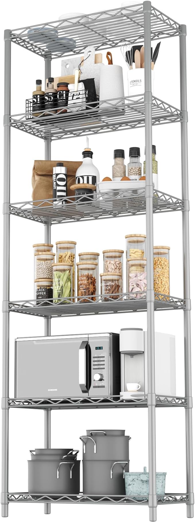 HOMEFORT 6-Tier Wire Shelving, 6 Shelves Unit Metal Storage Rack, Closet Shelves for Kitchen, Pantry, Closet, Bathroom, 14" D x 21" W x 75.6" H (Grey)