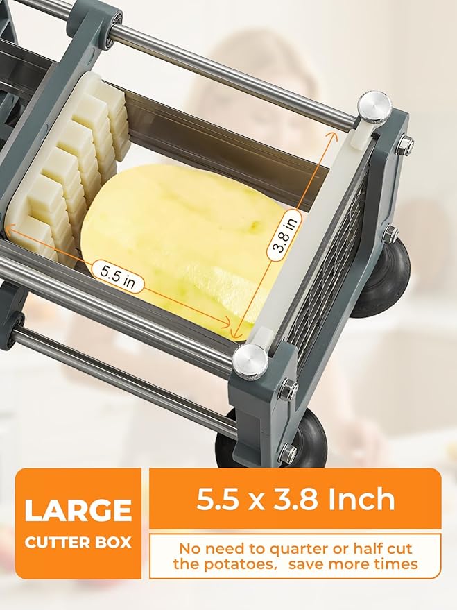 FOHRER French Fry Cutter, Professional Manual Potato Cutter for Fries with 1/2 Inch, 3/8 Inch and 1/4 Inch Heavy Duty Stainless Steel Blades, Easy to Use for Whole Potatoes, Carrots, Cucumbers