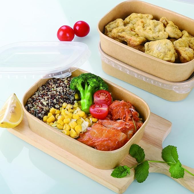 Belinlen 50 Sets 17oz Disposable Kraft Paper Bowls with Lids, Rectangle Paper Food Containers with Lids, Salad Bowls for Hot/Cold Food, Soup, Meal Prep, Ice Cream, Takeout, Party Supplies(500ml)