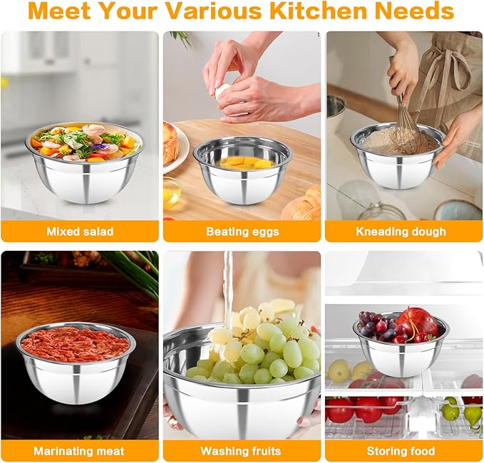 YJSLICT 7 Piece Stainless Steel Mixing Bowls with Lids Set, Metal Mixing Bowls Nesting Design Salad Bowl for Kitchen Cooking, Baking, Prepping and Serving Food (Size 0.7, 1.1, 1.5, 2.1, 3.5, 4, 4.5QT)