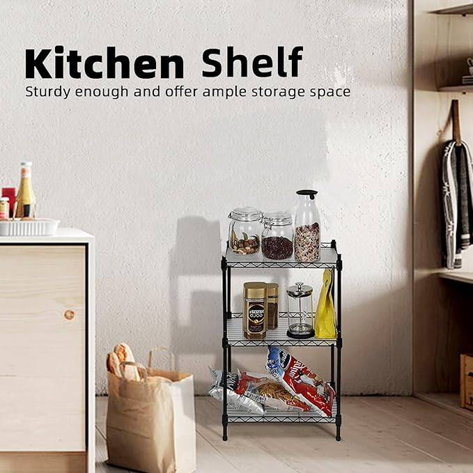 Best 3-Tier Wire Shelving - Black -mini Shelf - Kitchen Storage Shelves, Lightweight countertop Storage Rack Corner Shelf Shelving Adjustable Storage Shelf, 11.8" D x 15.7" W x 31.5" H