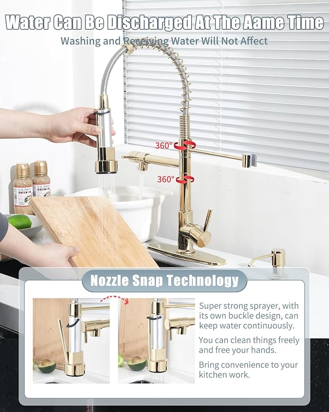 Gold Kitchen Faucet, Kitchen Faucet with Soap Dispenser, Kitchen Sink Faucet with Dual Function Spray Head and Deck Plate, 4 Hole Camper Farmhouse RV Sink Faucet with Sprayer