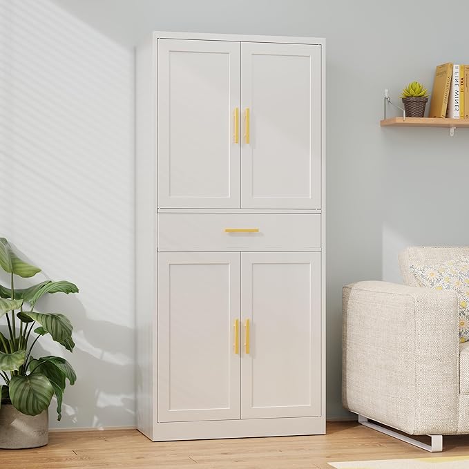 Metal Kitchen Pantry Cabinet, 71"Tall Cabinet with 1 Drawer, Doors and 2 Adjustable Shelves, Pantry Cabinets for Kitchen Storage, Metal Storage Cabinet for Kitchen, Dining Room, Living Room- White
