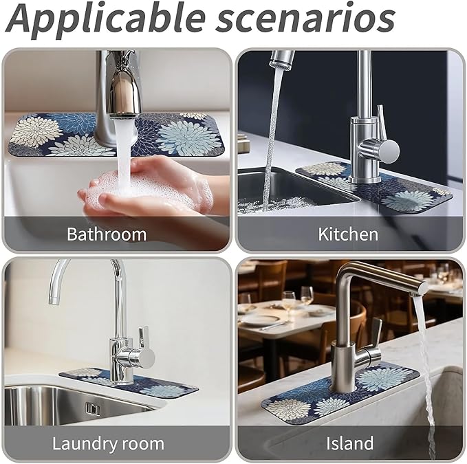 Kitchen Sink Splash Guard，Chrysanthemum flowers Faucet Mat Sink Gadgets-Super Absorbent Fast Drying Mat Drip Catcher for Kitchen, Bathroom,Sink Mat, Dish Drying Mat, Bathroom(15" X 5.5" )