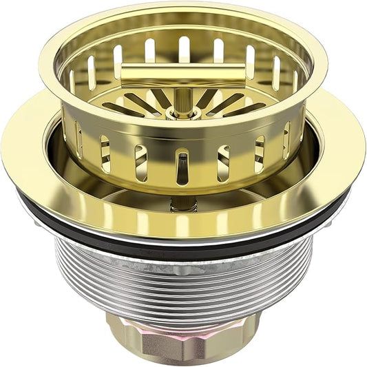 BOTEMY B9171 Gold Kitchen Sink Drain Kit 3 1/2 Sink Strainer for Kitchen Sink with Stainless Steel Strainer Stopper Drain Assembly Basket Strainer Fit Standard Sink Drain Hole