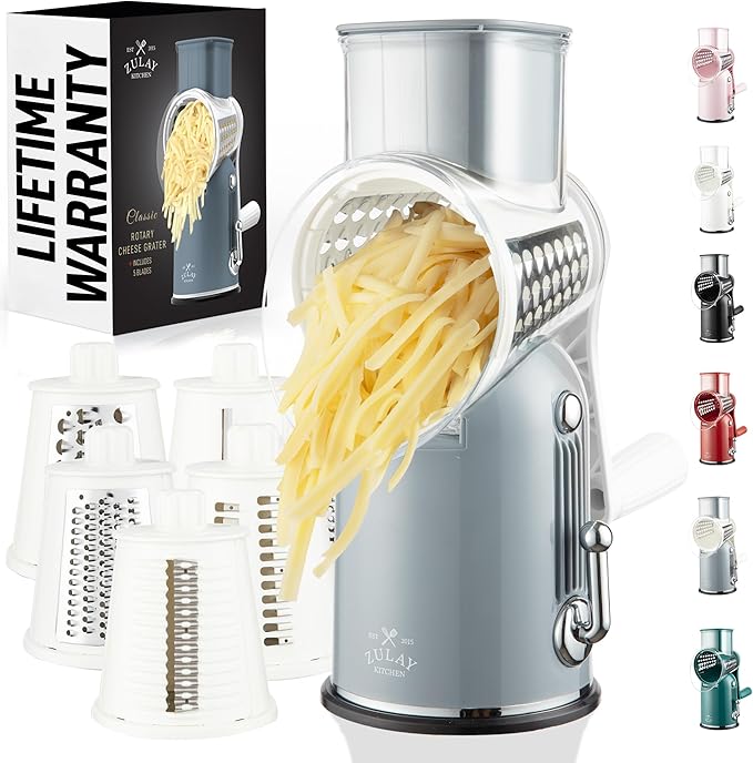 Zulay Kitchen Rotary Cheese Grater 5 Blade Cheese Shredder - Manual Hand Crank Cheese Grater With Reinforced Suction & 5 Interchangeable Drums - Easy to Use, Vegetable Chopper Round Mandoline Slicer