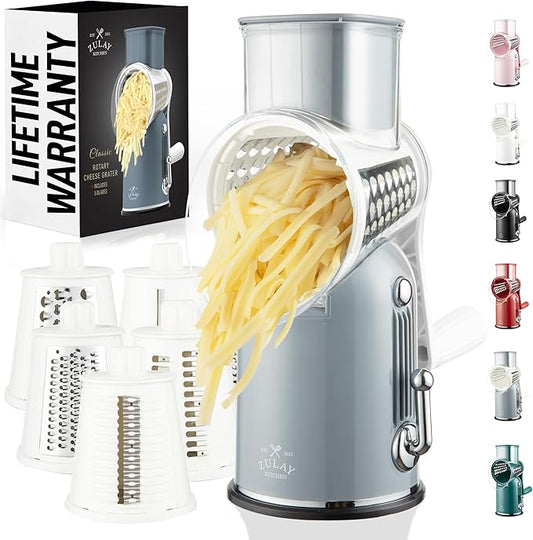 Zulay Kitchen Rotary Cheese Grater 5 Blade Cheese Shredder - Manual Hand Crank Cheese Grater With Reinforced Suction & 5 Interchangeable Drums - Easy to Use, Vegetable Chopper Round Mandoline Slicer