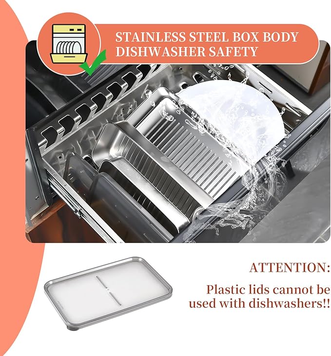 UPTRUST 6 Pack Bacon Cheese Container for Refrigerator, Stainless Steel Meat Container, Dishwasher Safe Storage Containers with Lids for Fridge, 4 Sizes