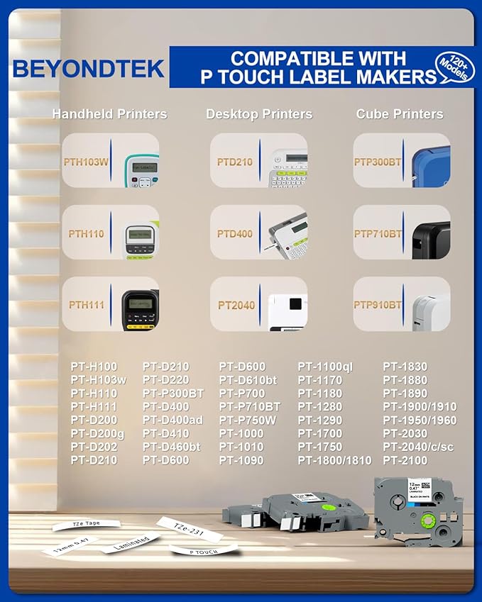 4Pk Replace for Brother Label Maker Tape 1/2 Inch Laminated Black on White Work with Brother P Touch Label Tape PTouch TZ 1/2" TZe-231 for PT-H103w H110 D210 D400 1180 1280 1890 2040,8m 26.2ft