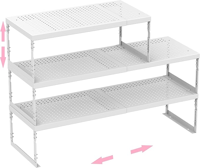 Asiingkel Stackable Expandable Metal Shelf Organizer - Adjustable Wire Storage Rack with Holes for Kitchen, Bathroom, Cabinet, Office - Space Saving, Durable & Sturdy Design（3PACKS/Medium/White