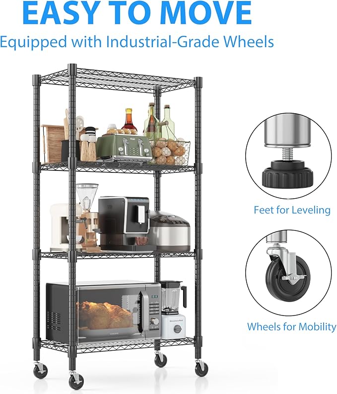 Homdox Heavy Duty Storage Shelves, 4 Tier Wire Shelving Unit with Wheels, Commercial Adjustable Metal Shelves for Storage, Garage Rack Pantry Shelves Kitchen Shelving, 14"x30"x72", Black