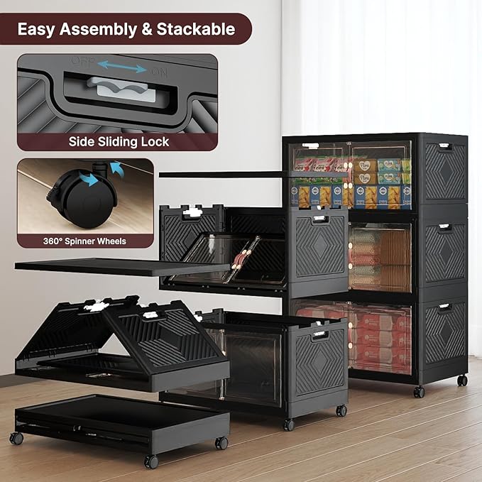Extra Large Stackable Storage Bins with Lids & Wheels, 330QT-55QT/14GAL*6Pack Foldable Collapsible Closet Organizers Dark Storage Cabinet with Doors for Bedroom Dorm