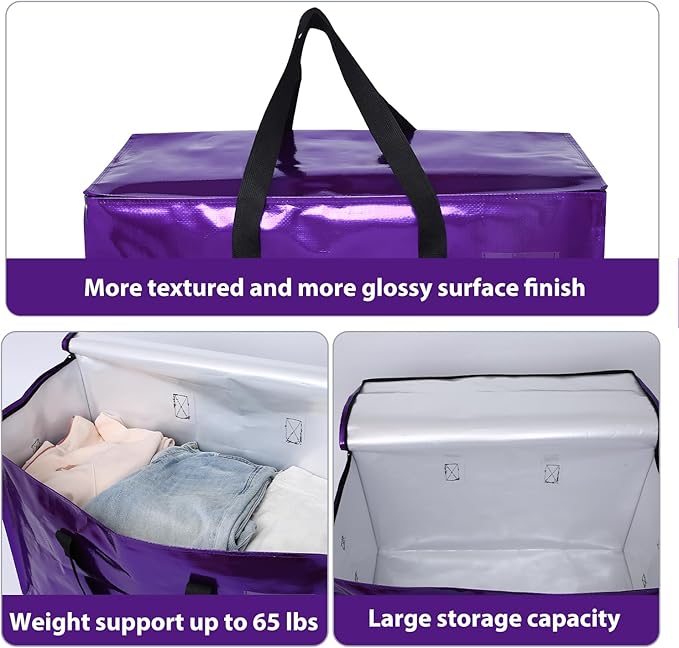 6 Pack Moving Bags Heavy Duty, Extra Large Moving Bags, Moving Supplies, Storage Bags with Handles and Zippers, Waterproof Totes for Storage Saving Packaging Shipping and Travel(Laser Purple)
