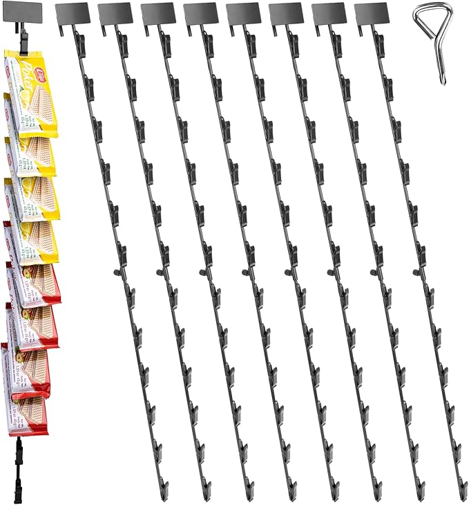 9Pcs Hanging Merchandise Strips with Hooks, 31 inch Metal Retail Display Rack with Label Header, Chip Rack for Potato Chips, Snack, Party, Collection