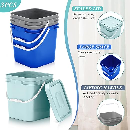 Mumufy 3 Pcs 3.5 Gallon Square Food Grade Bucket with Lid Square Bucket Pail with Plastic Handles for Storing Dry Food, Charcoal, Camping, Fishing (Aqua,Gray,Blue)