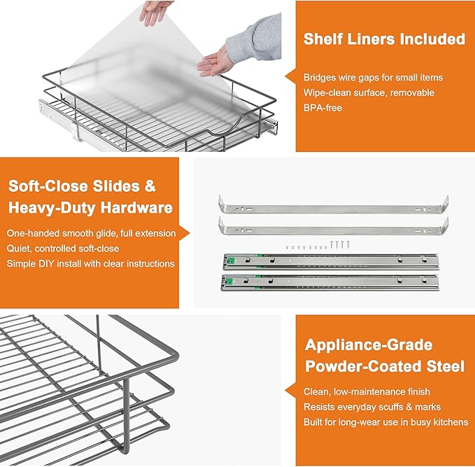 ALINE FURNITURE Pull Out Shelves - 17" W x 22" D Soft Close Pull Out Cabinet Organizer 1 Tier - Slide Out Drawers with Shelf Liner, Heavy Duty Steel Wire Baskets for Kitchen Cabinets, Pantry, Bathroom