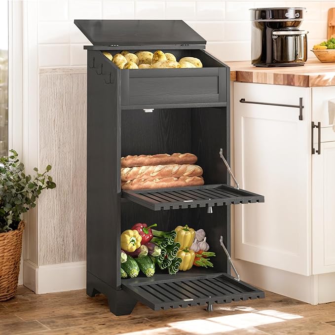 Onion and Potato Storage Bin Box, Farmhouse Fruit and Vegetable Storage, Small Food Kitchen Pantry Cabinet for Snack, Large Bread Box for Homemade Bread, Black Potato Bins