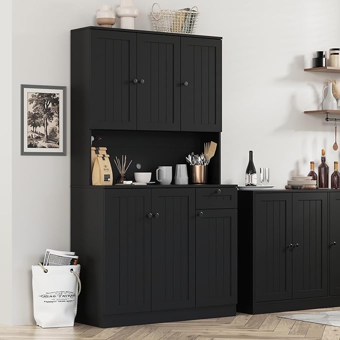 Furnify 71" Pantry Cabinet with Charging Station, Tall Kitchen Pantry Storage Cabinet with Microwave Stand, Farmhouse Kitchen Hutch with Storage Drawer for Living Room, Dining Room, Black