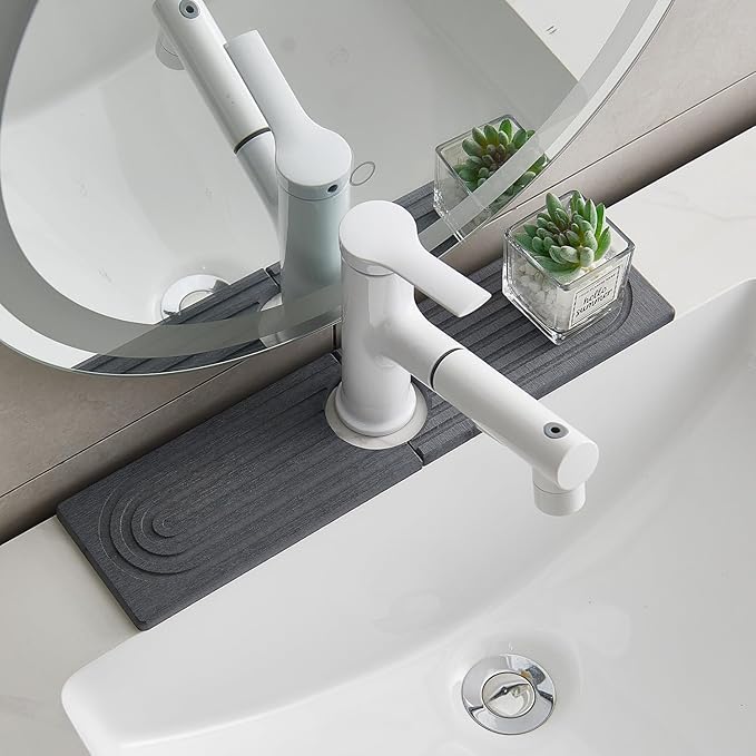 Stone Faucet Mat for Kitchen Sink Bathroom Counter. 15.7 Inch Dark Grey Diatomite Water-Absorbing Drying Stone Mat, Sink Stone Tray Protector,Prevent Moisture Sink Splash Guard