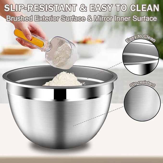 DUTZUN Stainles Steel Mixing Bowls with Lids Set, Stackable Metal Mixing Bowl with Strainer, 5-Piece - Beige
