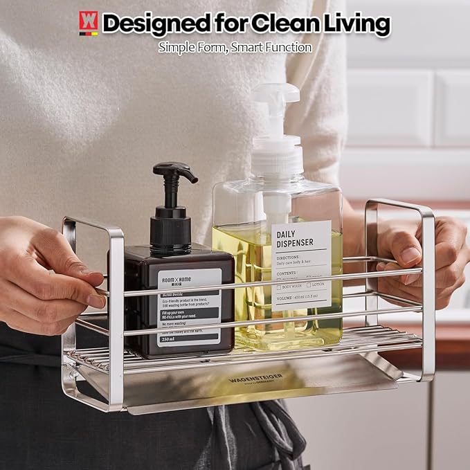 Stainless Steel Over Sink Organizer Rack, Sponge Holder, Soap Dispenser, Fast Drainage Kitchen Caddy with Removable Drainer Tray, Washbasin Caddy, Sink Drying Rack with Sloped Design