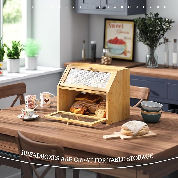 STDDRE Bread Box for Kitchen Countertop Bin Double Layer Bread Box Storage Container Extra Large Capacity Farmhouse with Diamond Pattern Windows (Natural, Large)