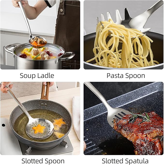 MAXCOOK 18/8 Stainless Steel Cooking Utensils Set, Spatula Set Kitchen Wok Utensils Set, Include Soup Ladle,Spaghetti Server,Slotted Spatula Turner,Skimmer(Dishwasher Safe, Mirror Polished)