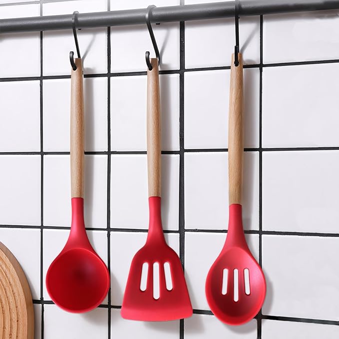 IOCBYHZ Kitchen Cooking Utensils Set 6Pcs Heat Resistant Silicone Kitchen Utensils Spatula Spoon Turner Ladle w Wooden Handle, BPA FREE Silicone Cooking Tool Gadget Set for Nonstick Cookware & Baking