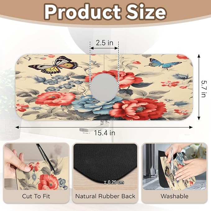 Vintage Floral Butterfly Kitchen Faucet Mat Splash Guard, 15.4”x5.7” Absorbent Quick Drying Sink Mat for Countertop Protection, Draining Mat Sink Protectors For Kitchen Bathroom, 2 Pack