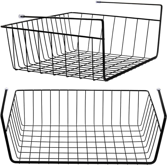 Tebery 2 Pack Black Under Shelf Wire Basket, Hanging Storage Baskets Under Cabinet Add-on Storage Racks, Slide-in Baskets Organizer for Kitchen Pantry Desk Bookshelf