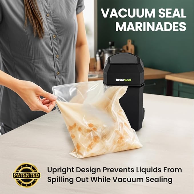 Vacuum Sealer for Food with 12 Bags, Preserves Foods 5x Longer, Space Saving Compact Upright Design Allows Machine to Heat Seal Marinades, Soups, Meats for Sous Vide Cooking