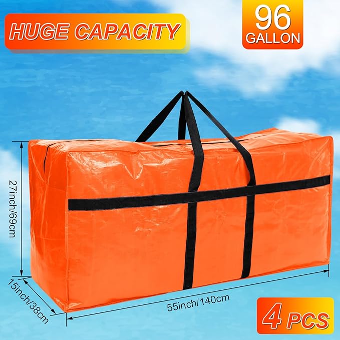 4 Pcs 96 Gallon Extra Large Moving Bags Heavy Duty Storage Bag with Strong Zipper Handle Foldable XXL Jumbo Storage Tote Packing Moving Box for College Dorm Travel Cloth Duffle (Orange)
