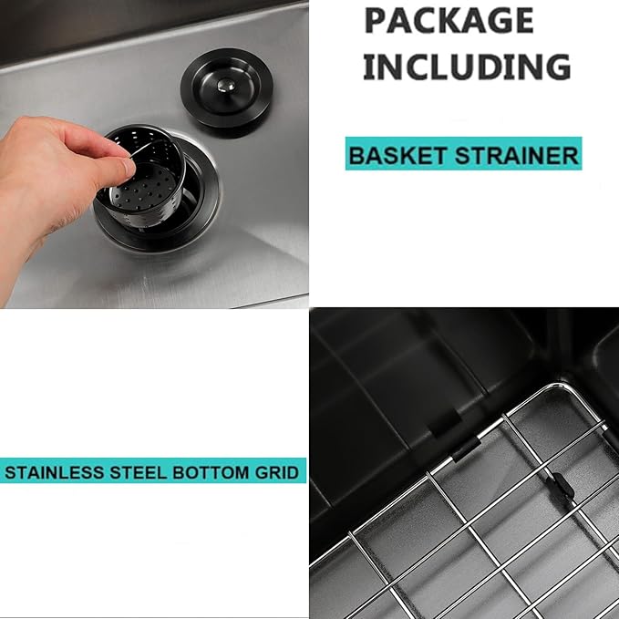 25 x 22 Inch Black Kitchen Sink, Topmount Drop In Stainless Steel Single Bowl Kitchen Sink, 16 Gauge Extra-Thick Modern Bar Prep RV Laundry Sinks with Dish Grid and Basket Strainer