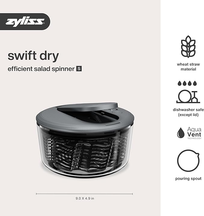 Zyliss Swift Dry Salad Spinner - Fruit Cleaner & Lettuce Spinner with Push Pump - Non-Slip Bowl - Dishwasher Safe - Small