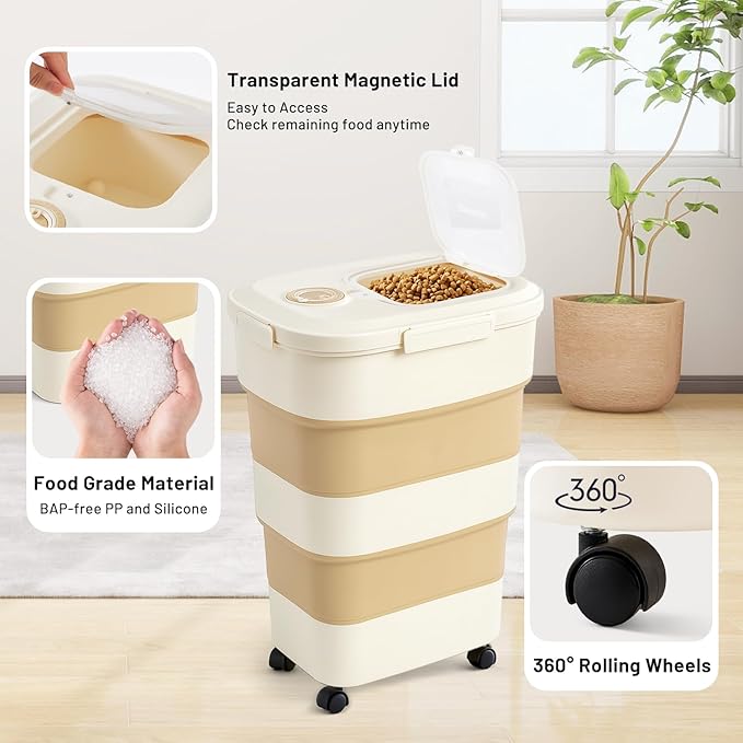45-50lbs Dog Food Storage Container, Large Capacity Collapsible Airtight Pet Food Storage Containers with Rolling Wheels, Transparent Lid, Scoop and Date Track, Khaki