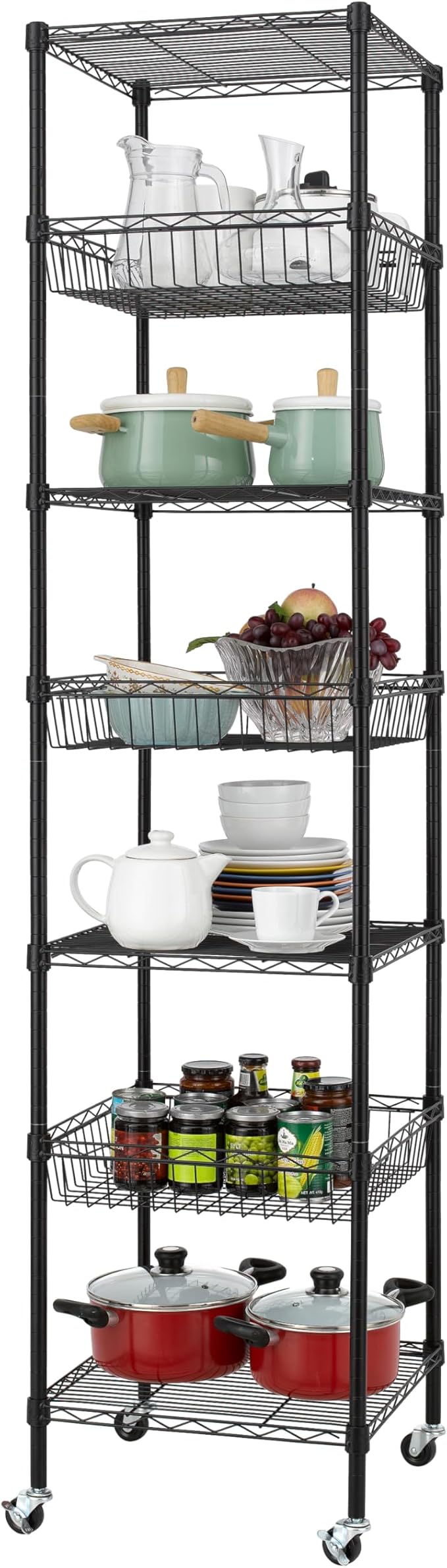 Finnhomy Heavy Duty 7 Tier Wire Shelving Unit with Wheels 18x18x78.8-inches 7 Shelves Metal Storage Rack Thicken Steel Tube, Adjustable Shelving Rack for Kitchen Bathroom Office, NSF Certified, Black