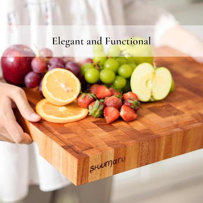 SHUMARU Mahogany End-Grain Wood Cutting Board – 16.5x12.6x1.6" Butcher Block | Handmade in Bali - Silky-Smooth, Juice Groove, Knife‑Friendly, Ergonomic Grips & Non‑Slip Feet