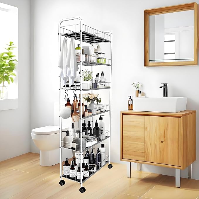 10in 6 Tier Slim Storage Cart with Wheels, Narrow Space Rolling Shelving Unit with Handle, Metal Wire Mobile Organizer Rack for Kitchen Bathroom Office Laundry